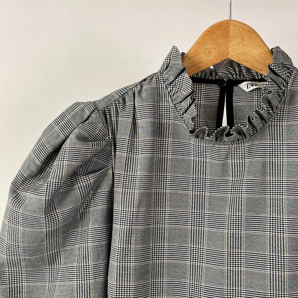 Zara Black/White Glen Check Long Sleeve Top Ruffled Collar Puff Sleeves, Size XS - Picture 3 of 8